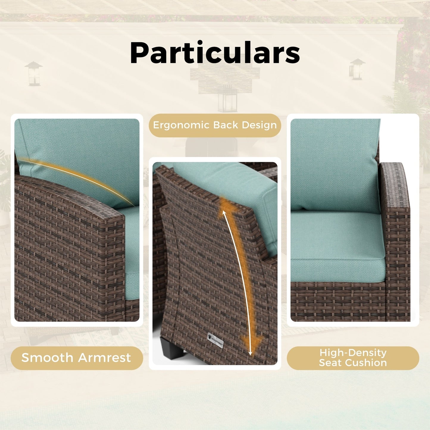 Divano componibile da esterno con schienale alto, set da conversazione, mobili da giardino in vimini e rattan, 9 posti, con tavolo e braciere