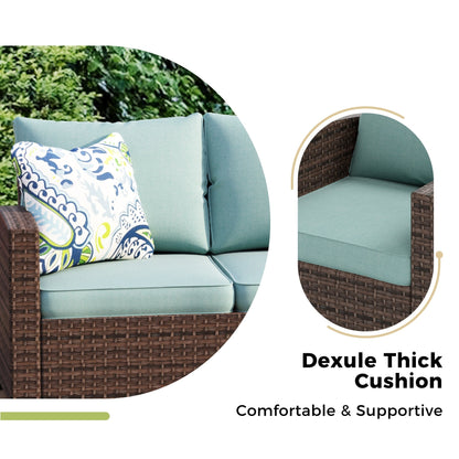 Divano componibile da esterno con schienale alto, set da conversazione, mobili da giardino in vimini e rattan, 9 posti, con tavolo e braciere