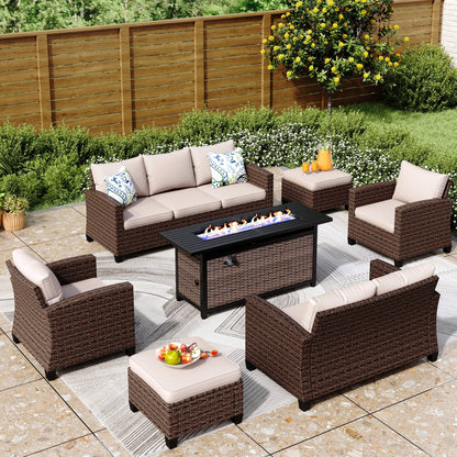 Divano componibile da esterno con schienale alto, set da conversazione, mobili da giardino in vimini e rattan, 9 posti, con tavolo e braciere