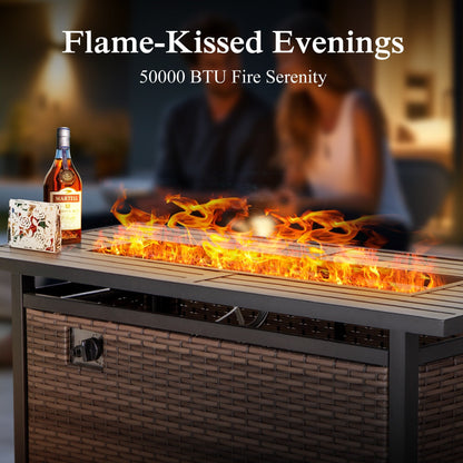 Divano componibile da esterno con schienale alto, set da conversazione, mobili da giardino in vimini e rattan, 9 posti, con tavolo e braciere