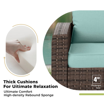 Divano componibile da esterno con schienale alto, set da conversazione, mobili da giardino in vimini e rattan, 9 posti, con tavolo e braciere