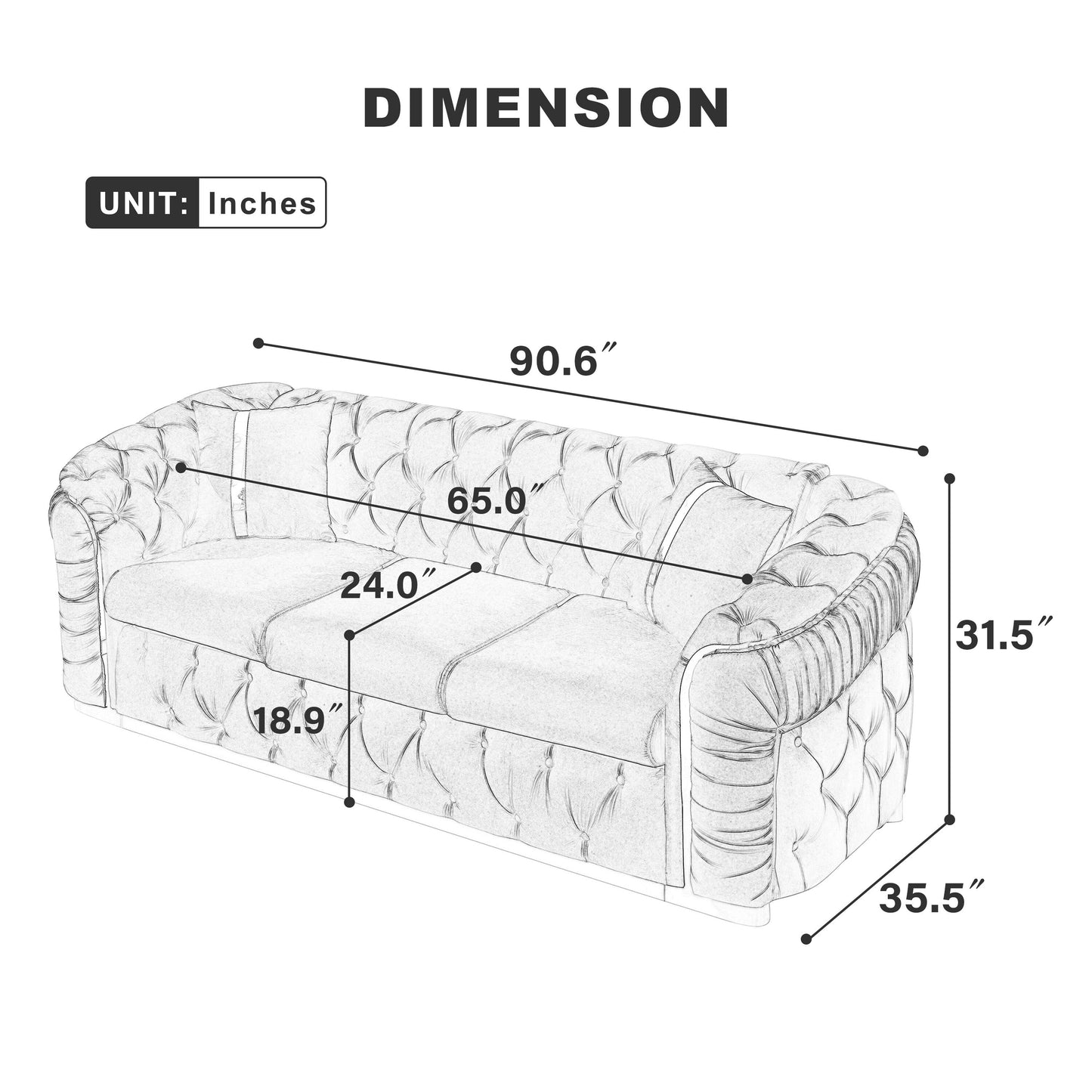 Divano a 3 posti in velluto 90.6 con 2 cuscini ad alta densità, dettagli dorati e cuscini