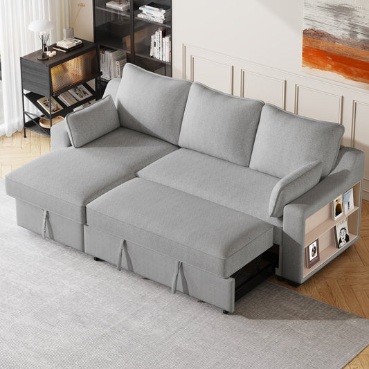Divano letto a 3 posti a L in tessuto da 90 pollici con letto estraibile, chaise longue contenitore, porte USB e ripiani laterali portaoggetti