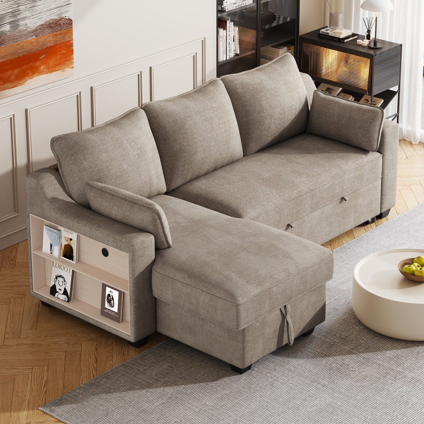 Divano letto a 3 posti a L in tessuto da 90 pollici con letto estraibile, chaise longue contenitore, porte USB e ripiani laterali portaoggetti