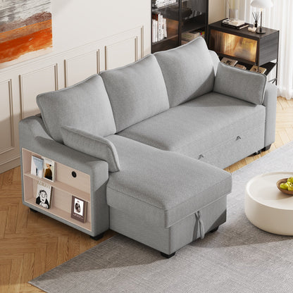 Divano letto a 3 posti a L in tessuto da 90 pollici con letto estraibile, chaise longue contenitore, porte USB e ripiani laterali portaoggetti