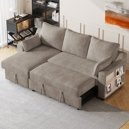 Divano letto a 3 posti a L in tessuto da 90 pollici con letto estraibile, chaise longue contenitore, porte USB e ripiani laterali portaoggetti