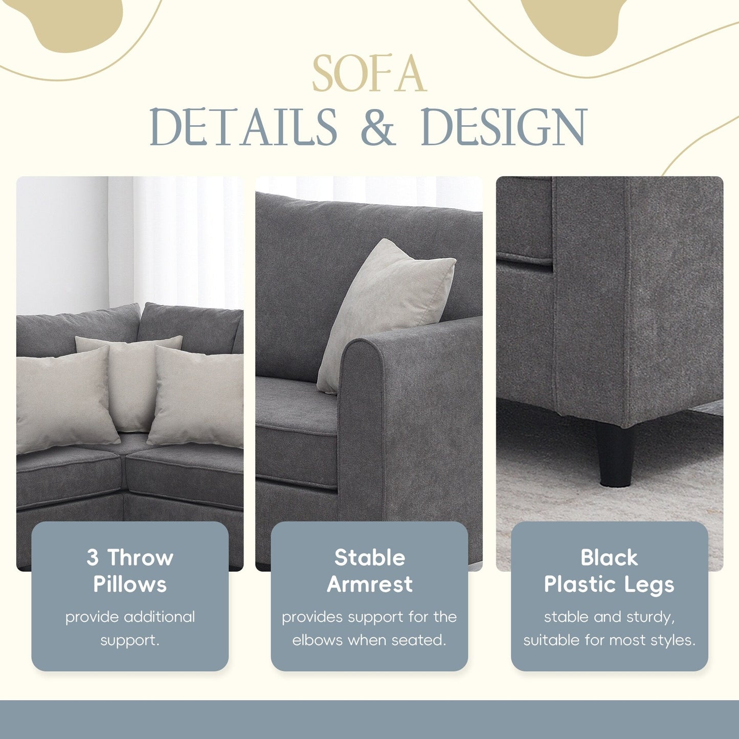 Divano componibile moderno imbottito per soggiorno 91*91, divano a forma di L con 3 cuscini