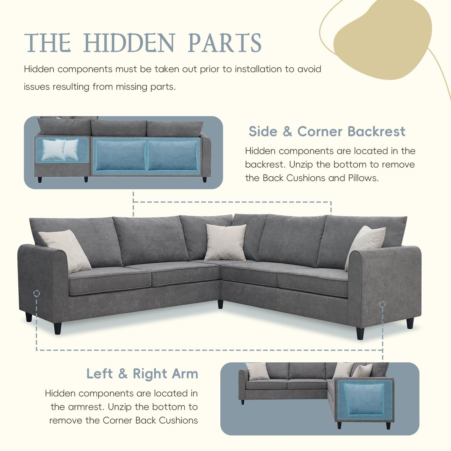 Divano componibile moderno imbottito per soggiorno 91*91, divano a forma di L con 3 cuscini