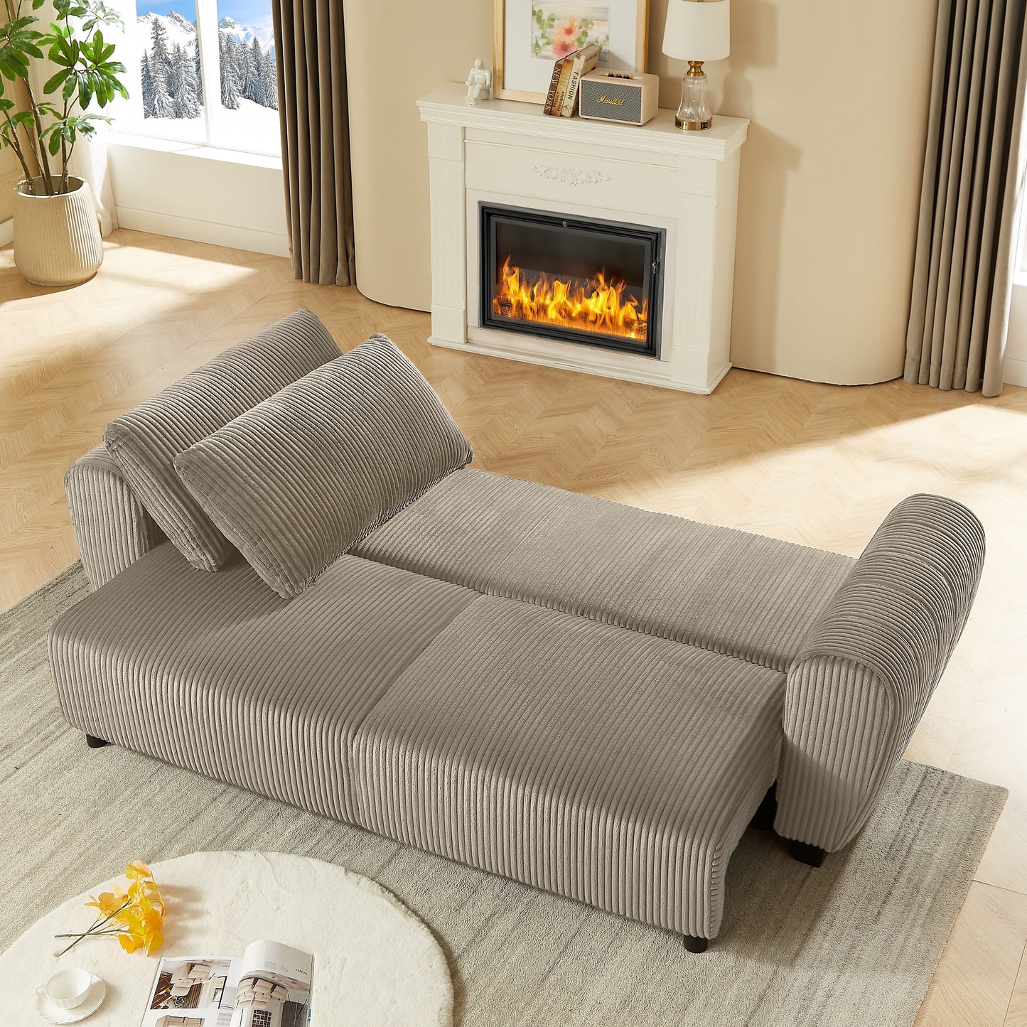 Divano a 3 posti in velluto a coste 92.1 con design convertibile 2 in 1, scomparti portaoggetti integrati