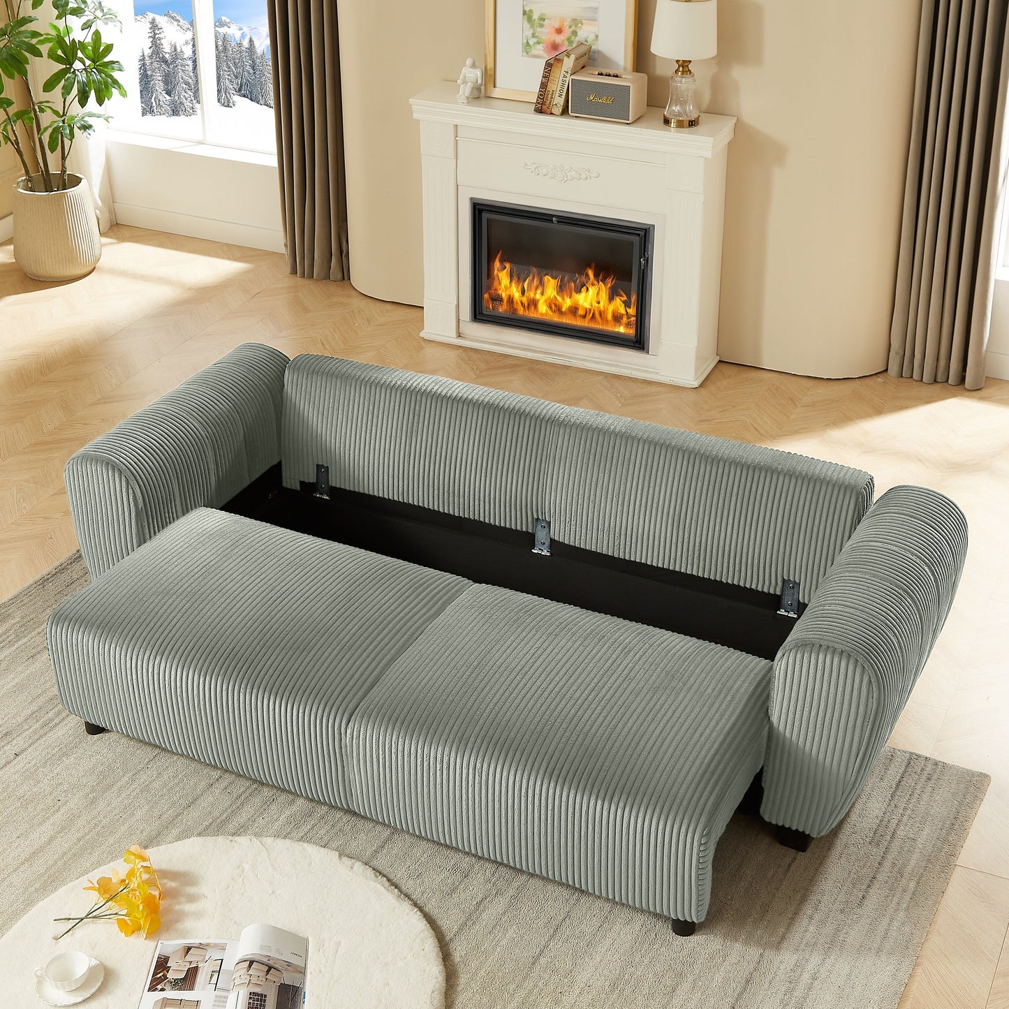 Divano a 3 posti in velluto a coste 92.1 con design convertibile 2 in 1, scomparti portaoggetti integrati