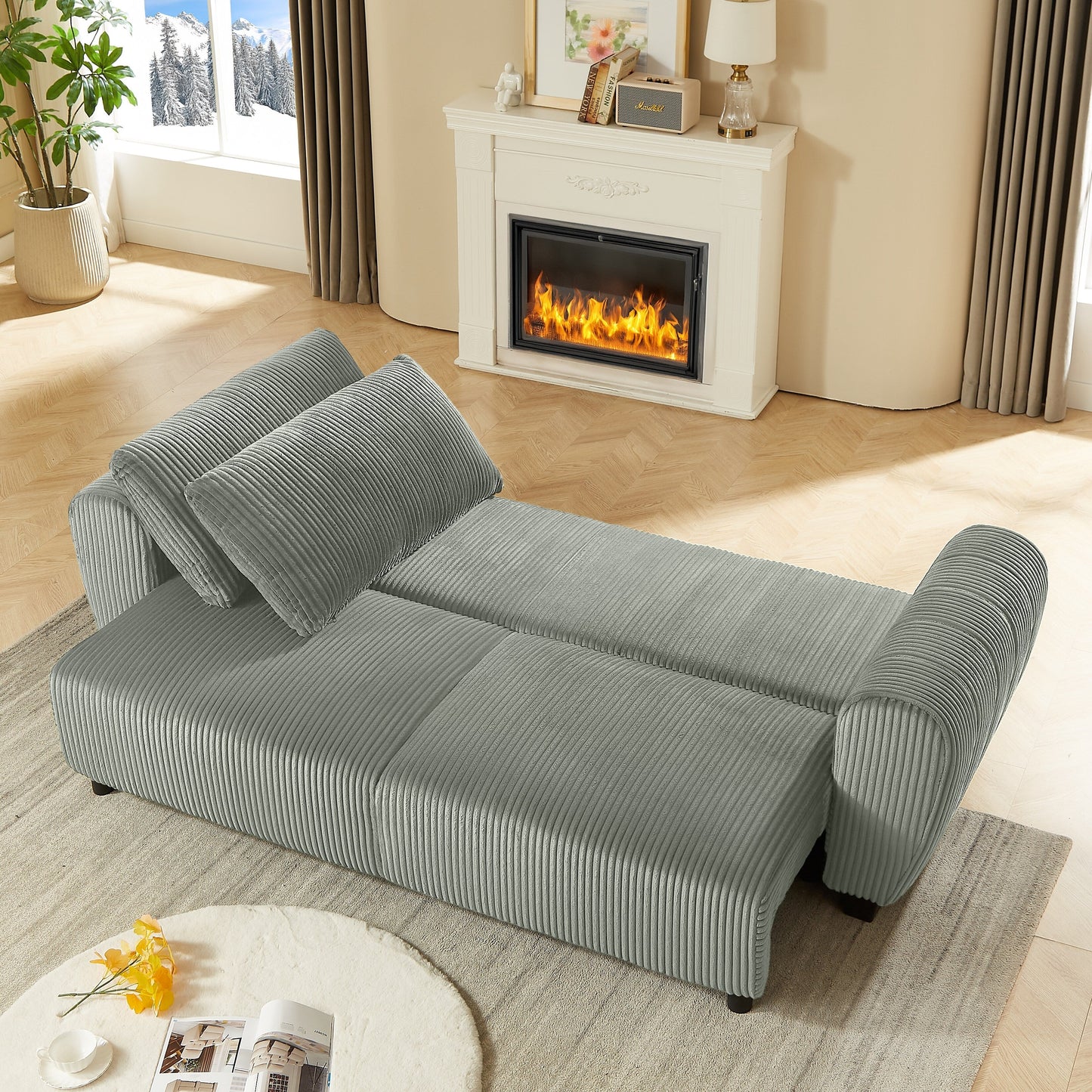 Divano a 3 posti in velluto a coste 92.1 con design convertibile 2 in 1, scomparti portaoggetti integrati