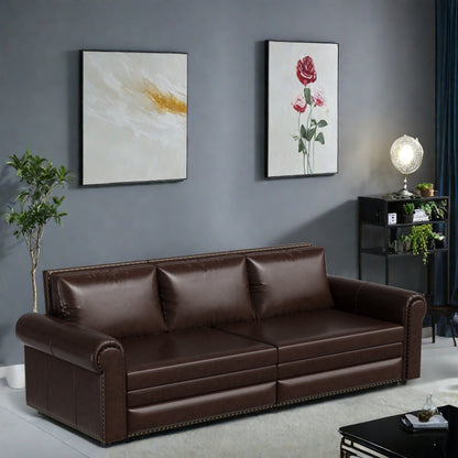 Divano letto a 3 posti in similpelle con chaise longue, stile retrò, con finiture a rivetto, 93,70