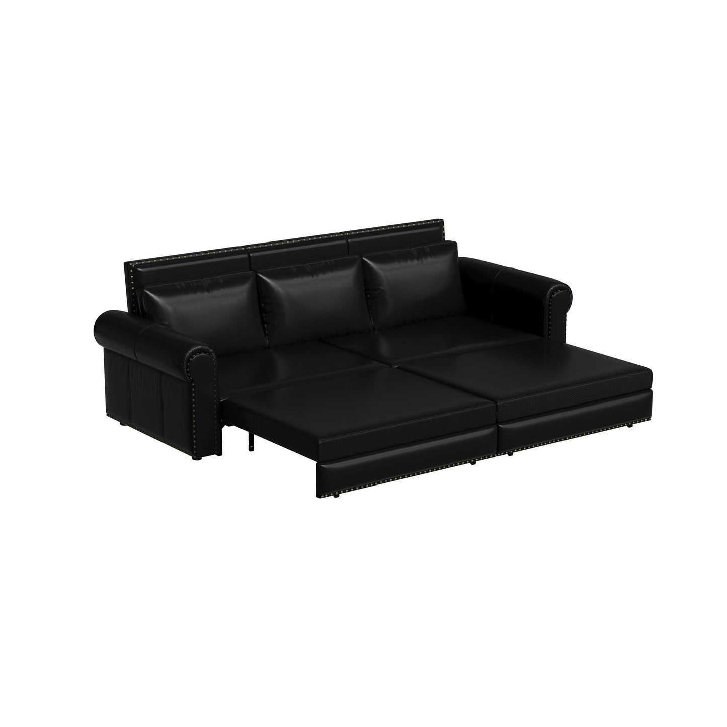 Divano letto a 3 posti in similpelle con chaise longue, stile retrò, con finiture a rivetto, 93,70