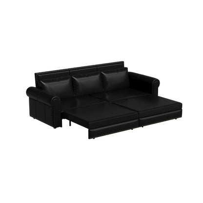 Divano letto a 3 posti in similpelle con chaise longue, stile retrò, con finiture a rivetto, 93,70