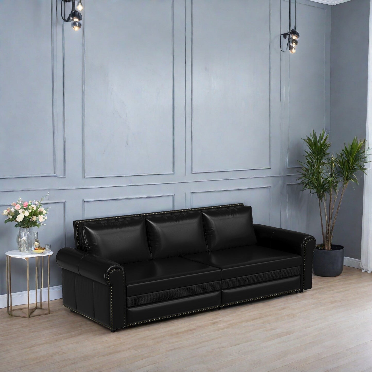 Divano letto a 3 posti in similpelle con chaise longue, stile retrò, con finiture a rivetto, 93,70