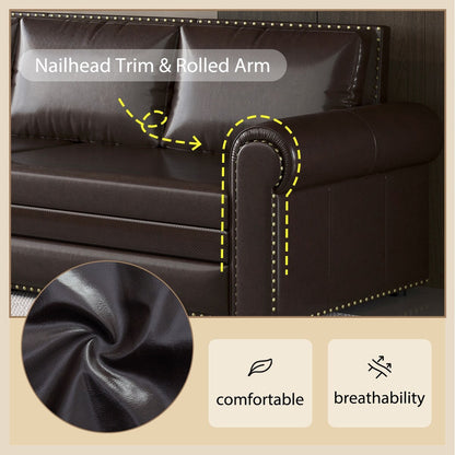 Divano letto a 3 posti in similpelle con chaise longue, stile retrò, con finiture a rivetto, 93,70