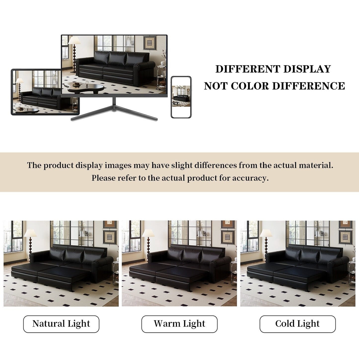 Divano letto a 3 posti in similpelle con chaise longue, stile retrò, con finiture a rivetto, 93,70