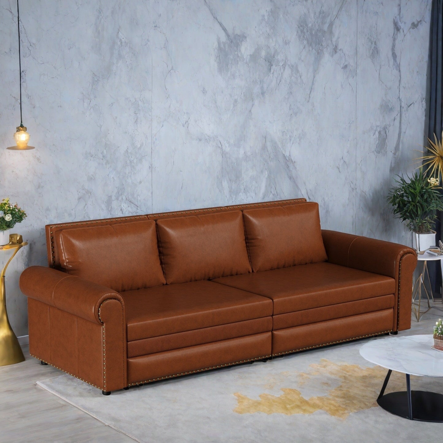 Divano letto a 3 posti in similpelle con chaise longue, stile retrò, con finiture a rivetto, 93,70