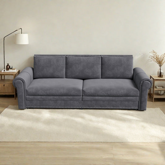 Divano letto 3 posti in velluto 93.7 con braccioli arrotolati e finiture con borchie