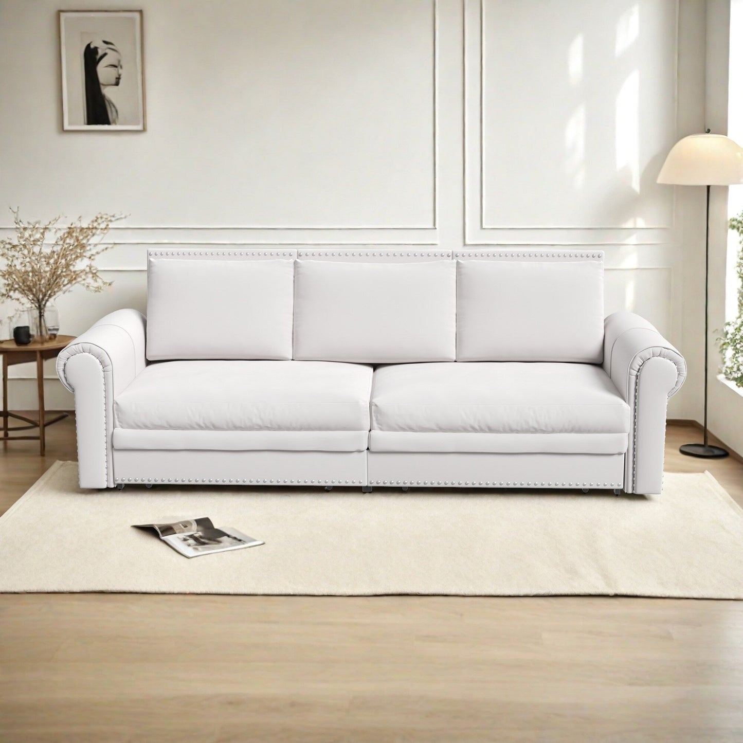 Divano letto 3 posti in velluto 93.7 con braccioli arrotolati e finiture con borchie