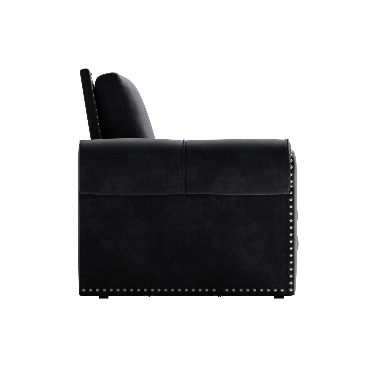 Divano letto 3 posti in velluto 93.7 con braccioli arrotolati e finiture con borchie