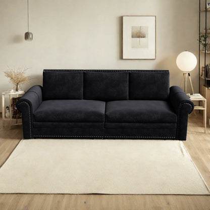 Divano letto 3 posti in velluto 93.7 con braccioli arrotolati e finiture con borchie