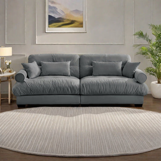 Divano 93.7Velvet a 3 posti con braccioli a rullo, cuscini in spugna ad alta resilienza