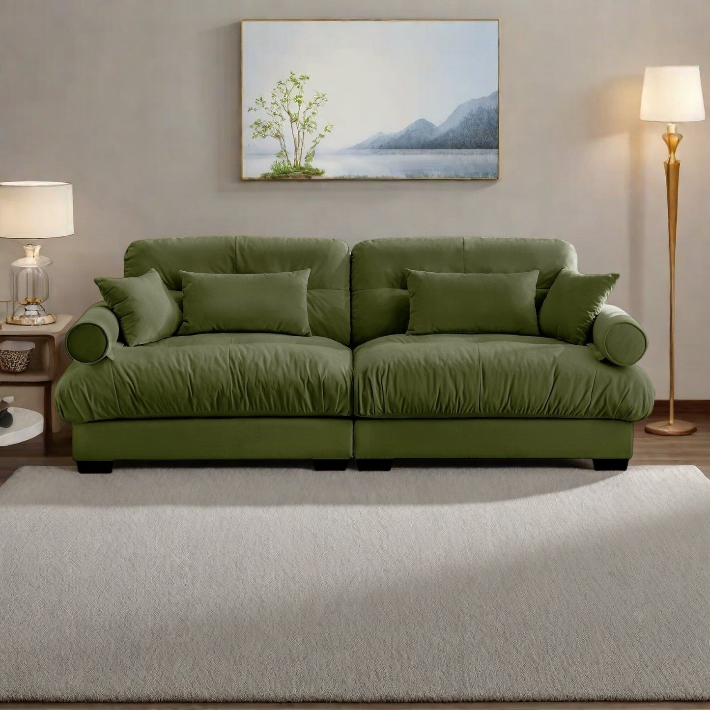 Divano 93.7Velvet a 3 posti con braccioli a rullo, cuscini in spugna ad alta resilienza