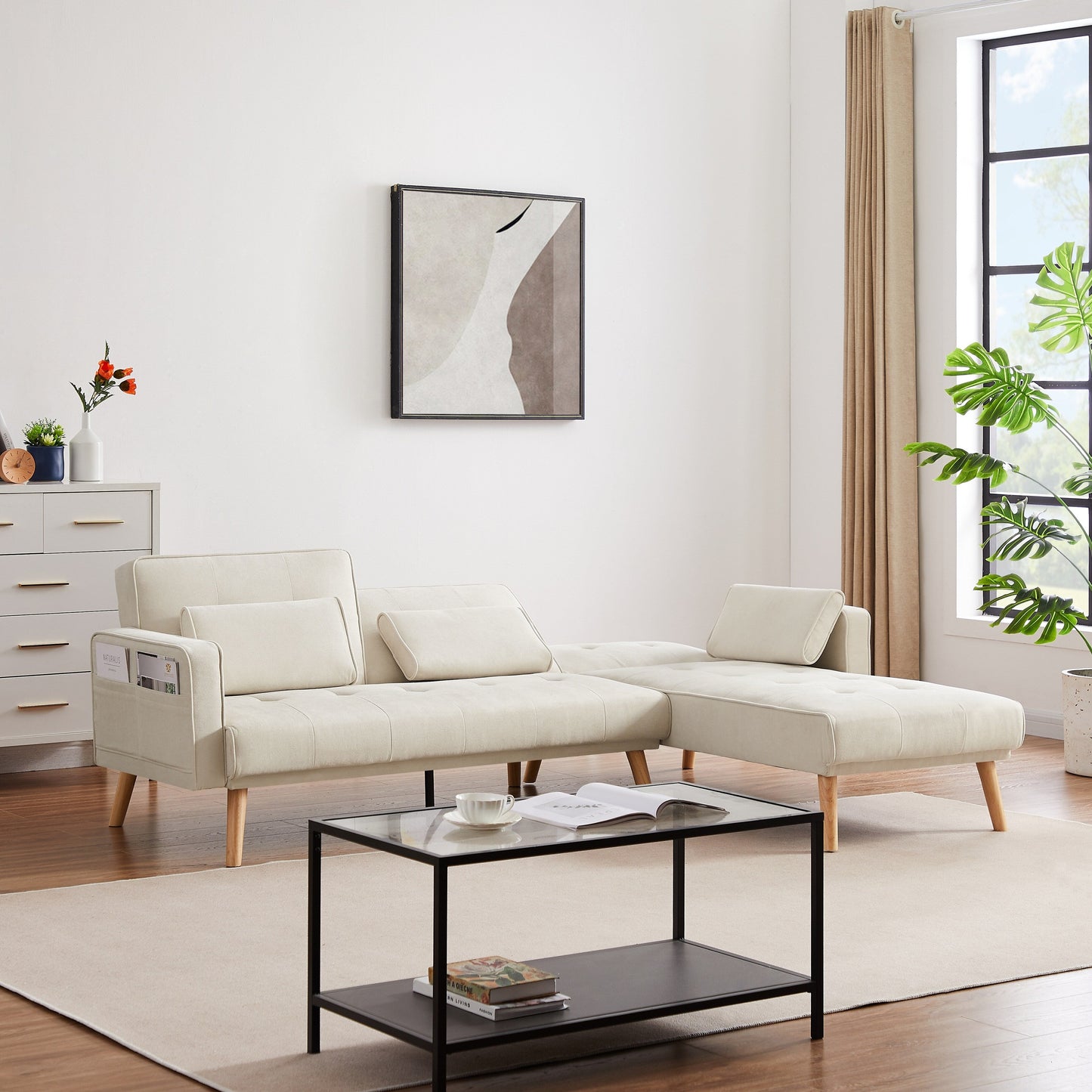 Divano componibile convertibile in lino da 94,5'' a 3 posti con chaise longue e borsa organizer