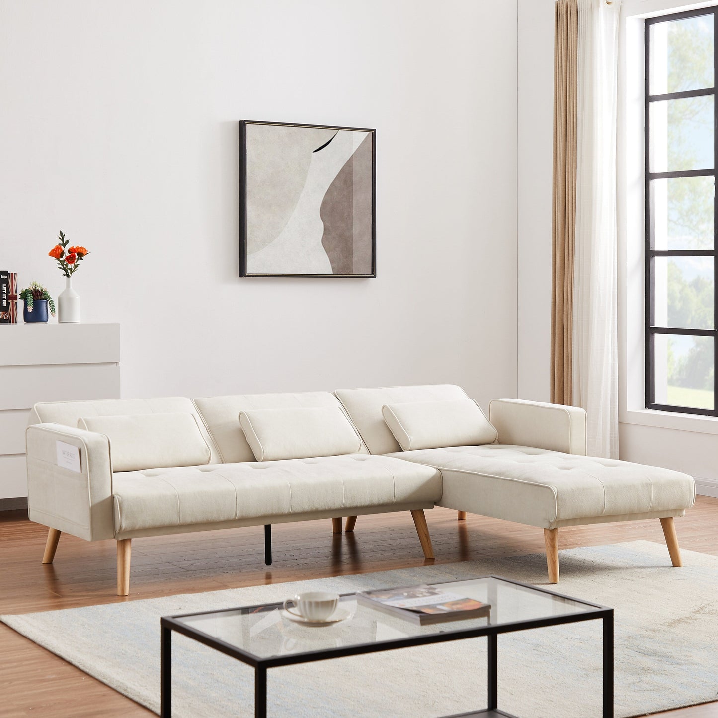 Divano componibile convertibile in lino da 94,5'' con chaise longue, design rivolto a destra, cuscini in schiuma e borsa organizer