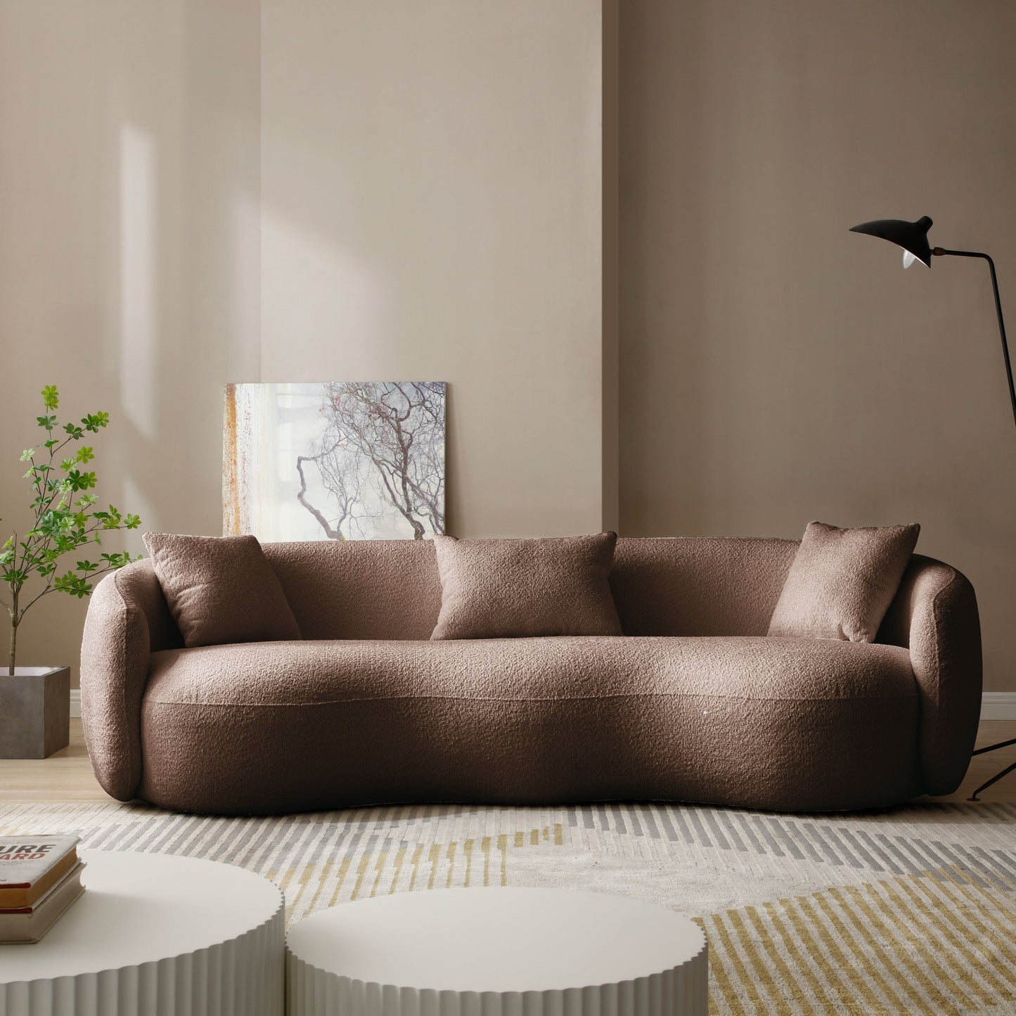 Divano curvo minimalista con cuscini - Rivestimento in morbido velluto a coste o in accogliente pile polare