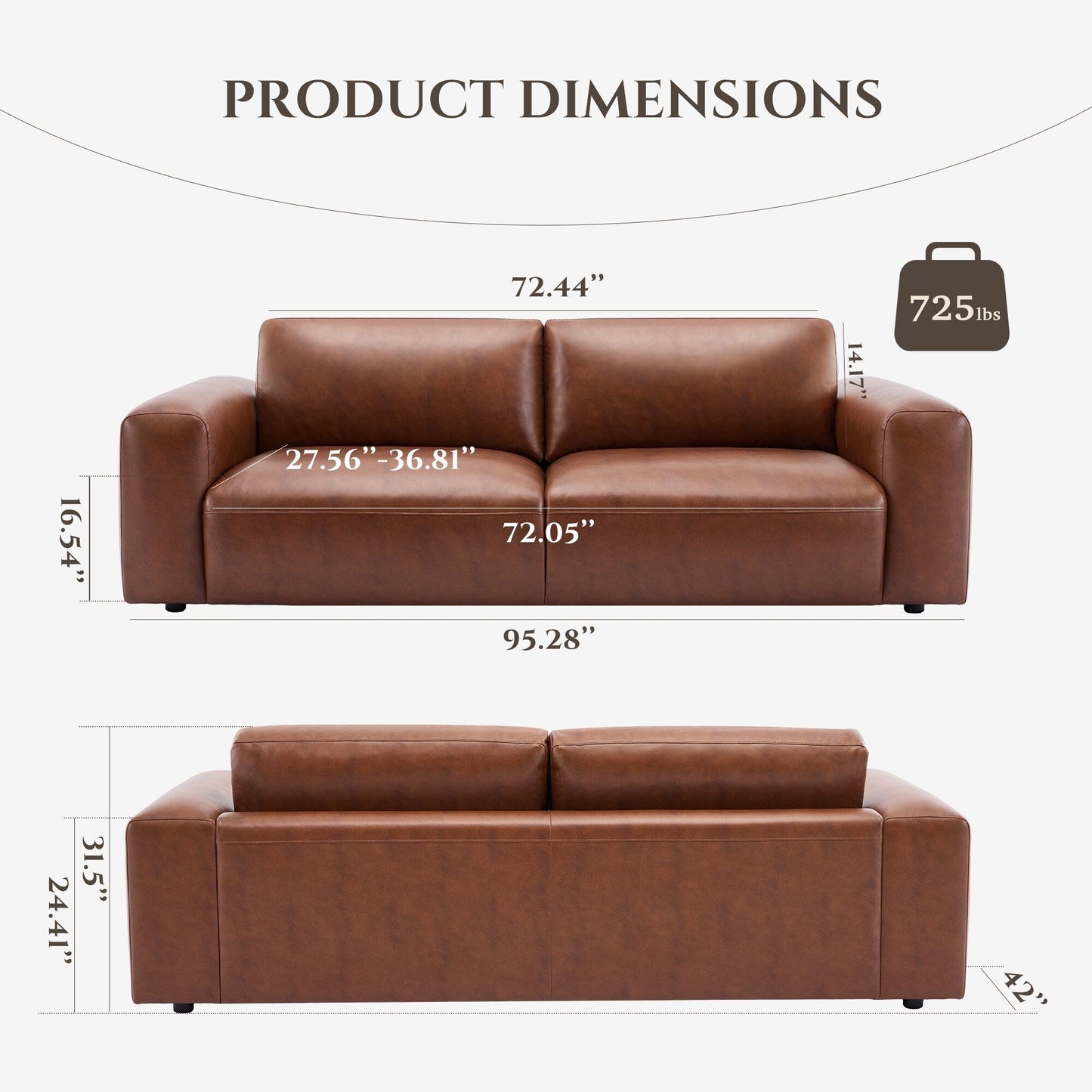 Divano oversize a 3 posti 95 - Sedute extra profonde e braccioli larghi, divano in similpelle imbottito in piuma per soggiorno e appartamento