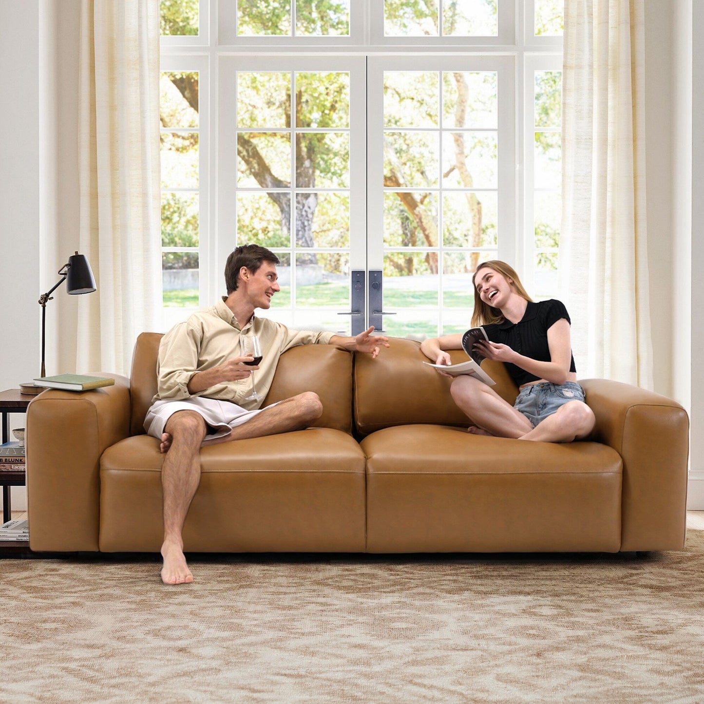 Divano oversize a 3 posti 95 - Sedute extra profonde e braccioli larghi, divano in similpelle imbottito in piuma per soggiorno e appartamento