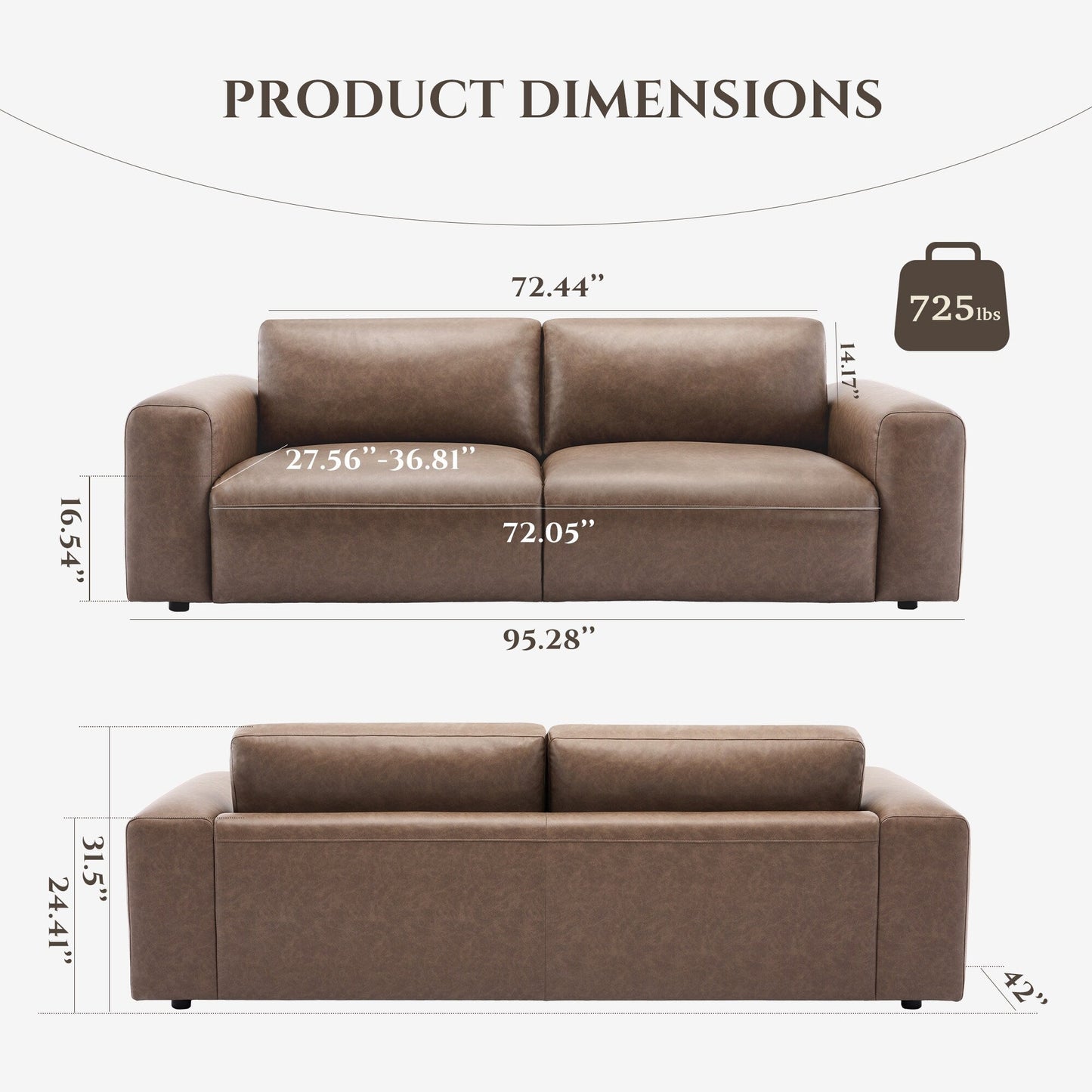 Divano oversize a 3 posti 95 - Sedute extra profonde e braccioli larghi, divano in similpelle imbottito in piuma per soggiorno e appartamento