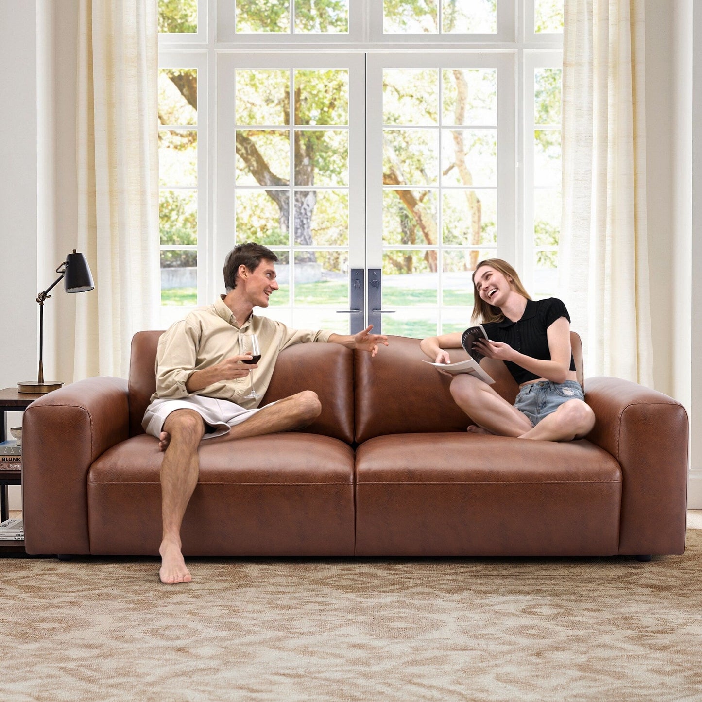 Divano oversize a 3 posti 95 - Sedute extra profonde e braccioli larghi, divano in similpelle imbottito in piuma per soggiorno e appartamento