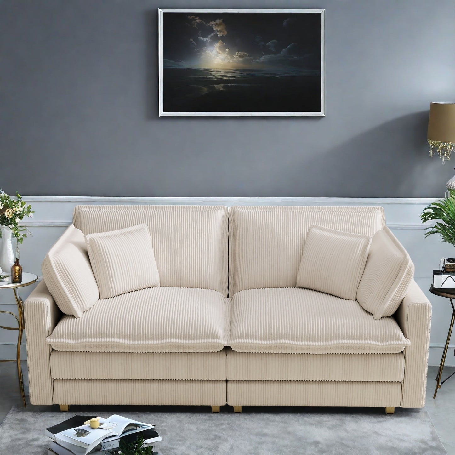 Divano moderno classico a 3 posti in velluto a coste 96 - Seduta profonda, con 4 cuscini per soggiorno