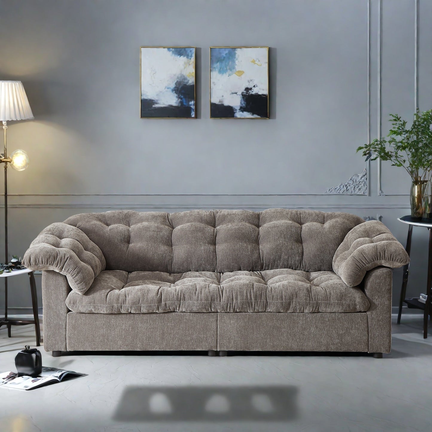 Divano moderno classico a 3 posti in tessuto 99.2, struttura in legno massello e imbottitura in morbida nuvola