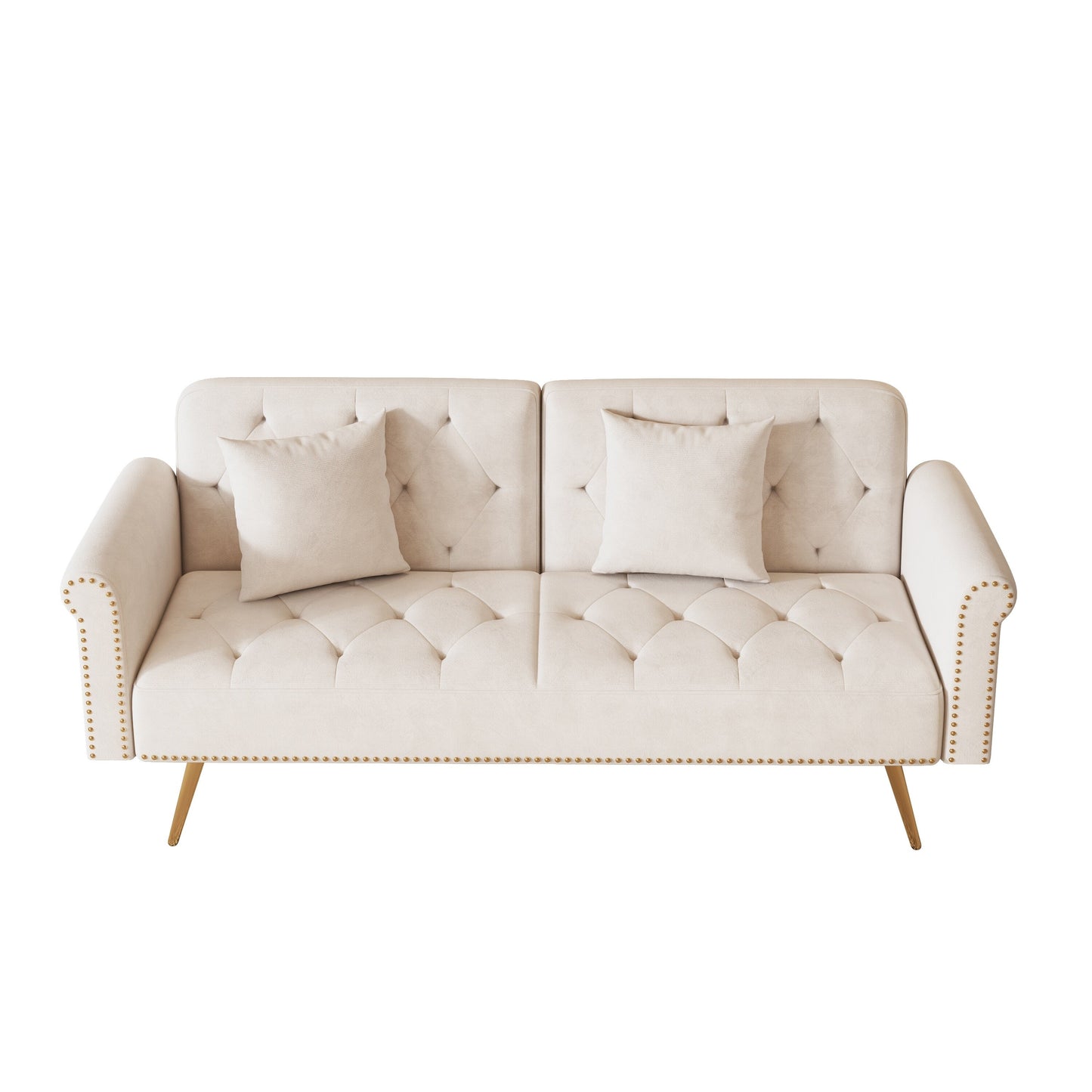 Un divano letto lungo 69,7 pollici rivestito in tessuto di velluto beige, con finiture a borchie e accompagnato da un cuscino coordinato.