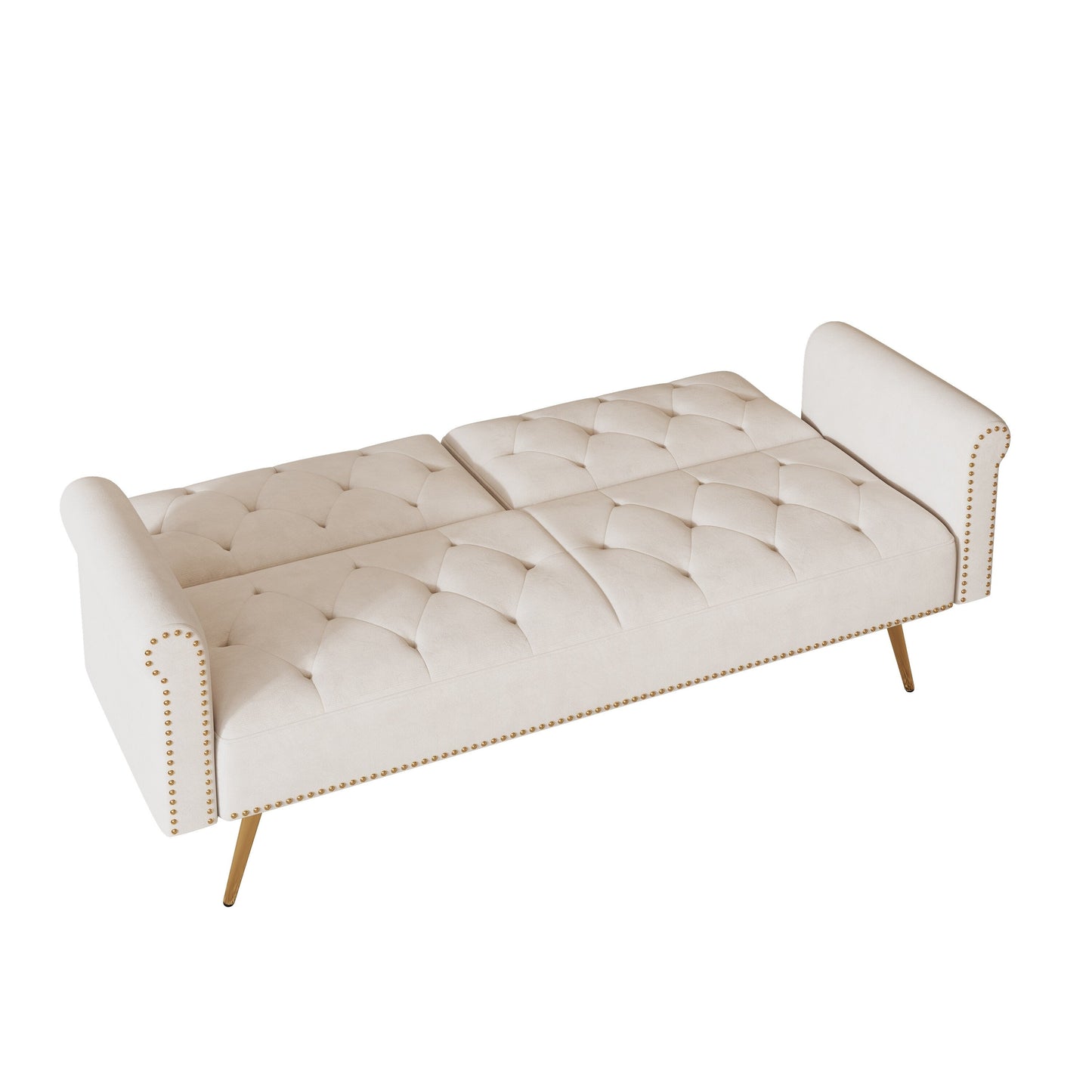 Un divano letto lungo 69,7 pollici rivestito in tessuto di velluto beige, con finiture a borchie e accompagnato da un cuscino coordinato.