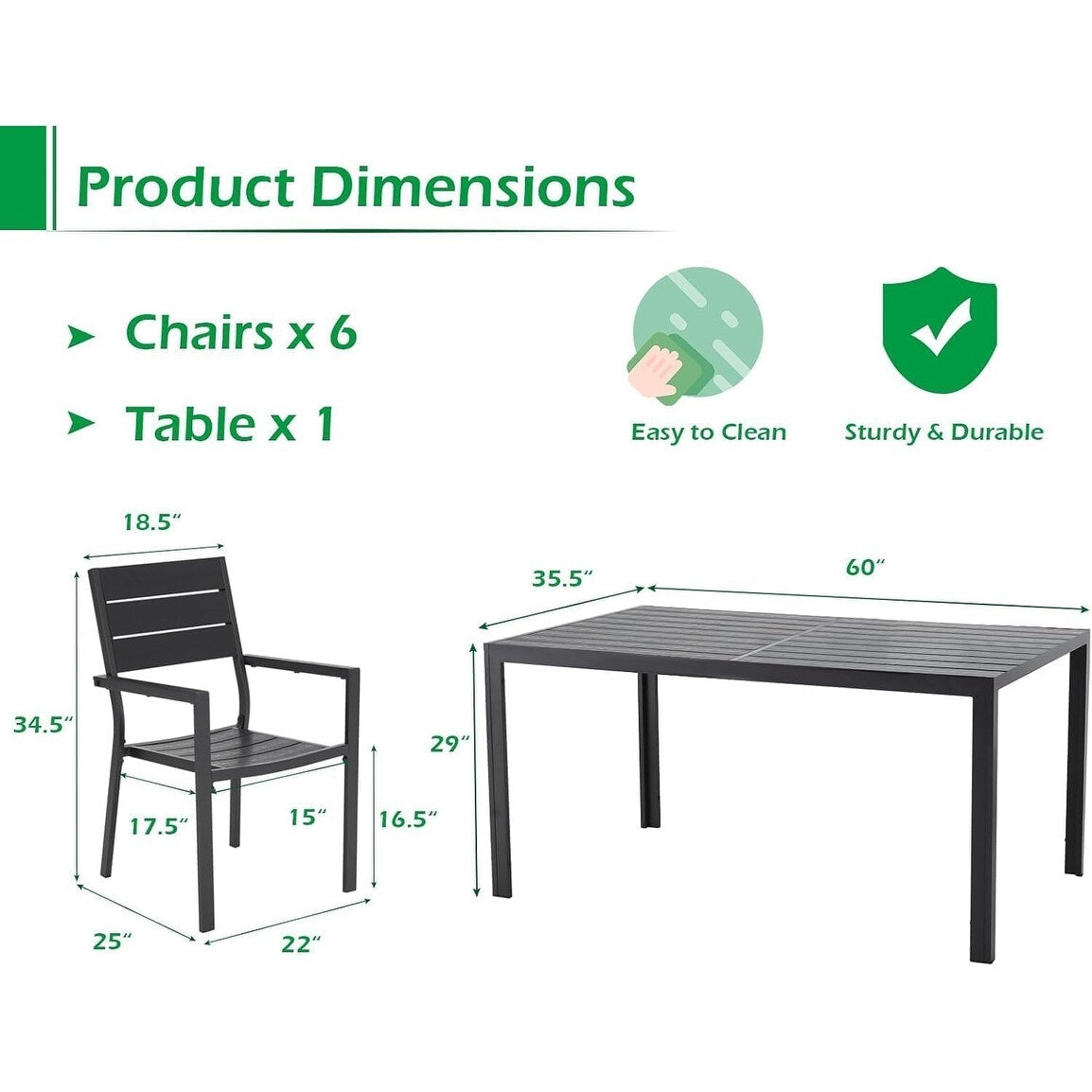 Set da pranzo per esterni AECOJOY da 7 pezzi, tavolo e sedie da patio in alluminio 60 x 36 per 6 persone con tavolo rettangolare