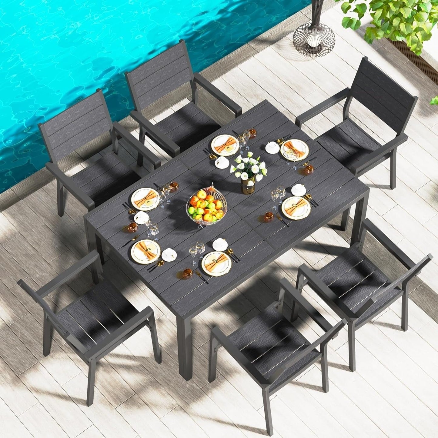 Set da pranzo per esterni AECOJOY da 7 pezzi, tavolo e sedie da patio in alluminio 60 x 36 per 6 persone con tavolo rettangolare