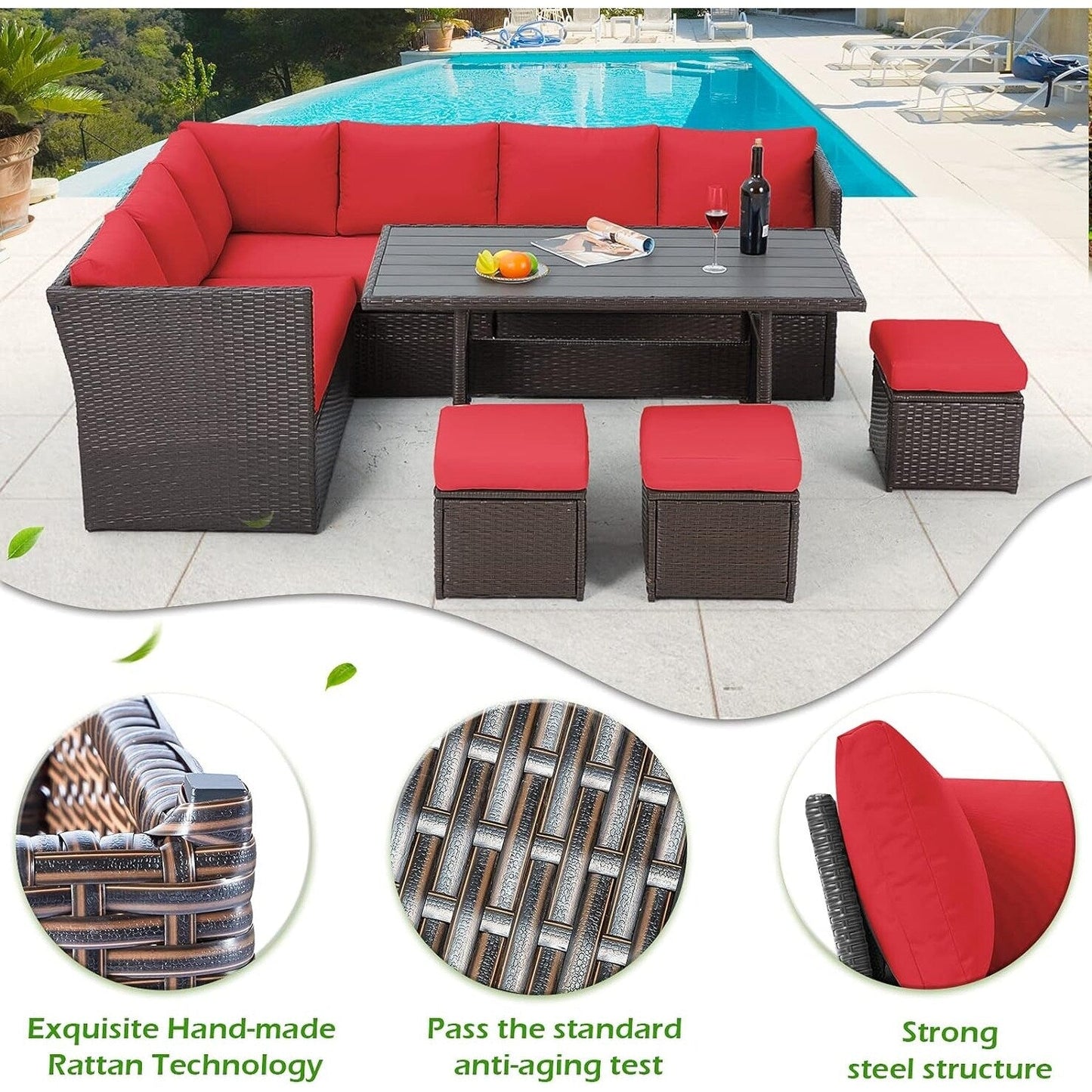 Divano componibile in vimini per esterni AECOJOY da 7 pezzi con tavolo da pranzo