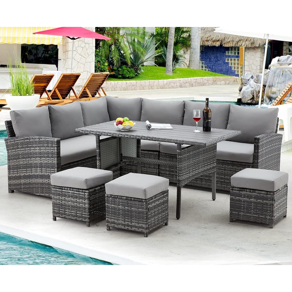 Divano componibile in vimini per esterni AECOJOY da 7 pezzi con tavolo da pranzo