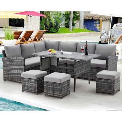 Divano componibile in vimini per esterni AECOJOY da 7 pezzi con tavolo da pranzo