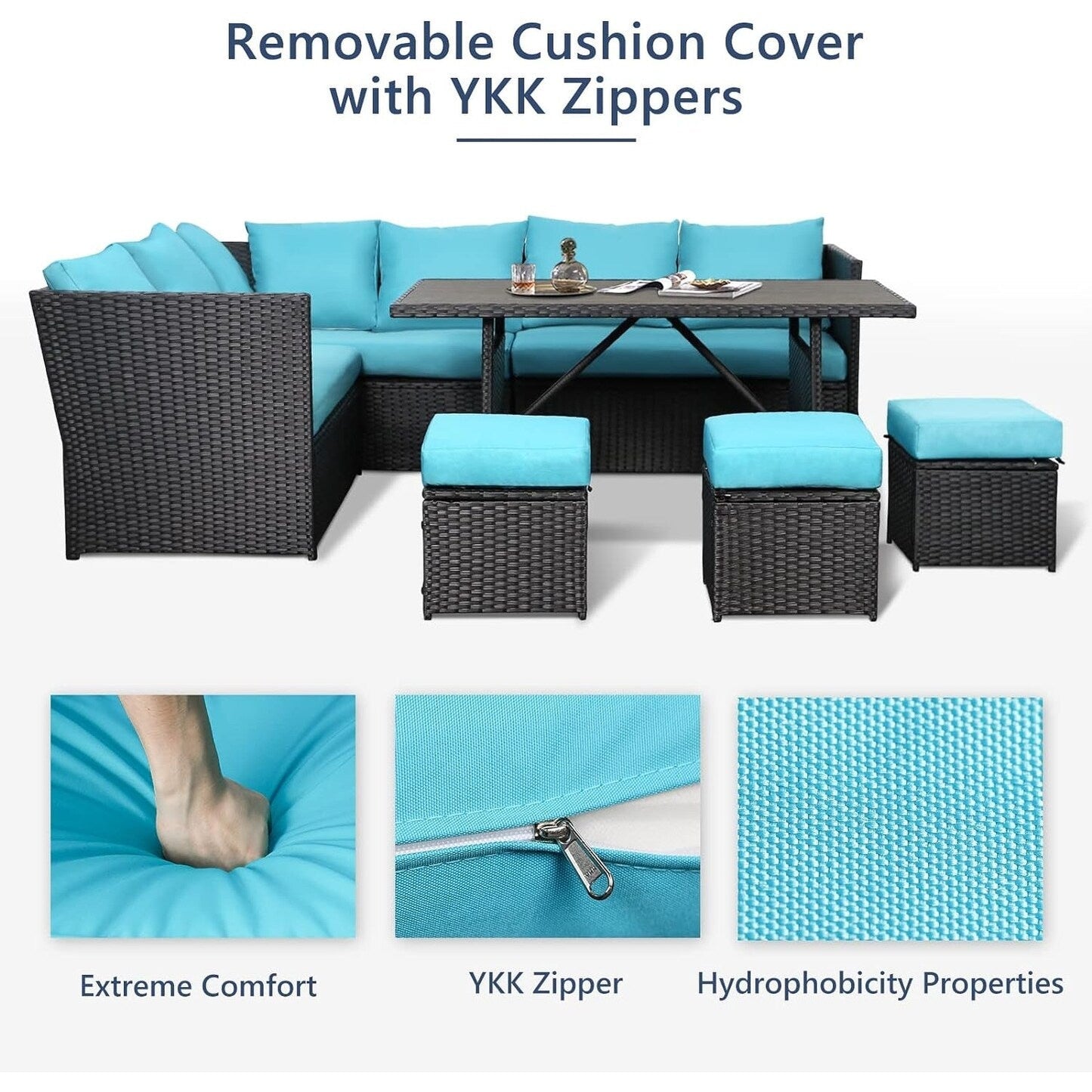 Divano componibile in vimini per esterni AECOJOY da 7 pezzi con tavolo da pranzo