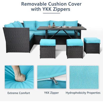 Divano componibile in vimini per esterni AECOJOY da 7 pezzi con tavolo da pranzo