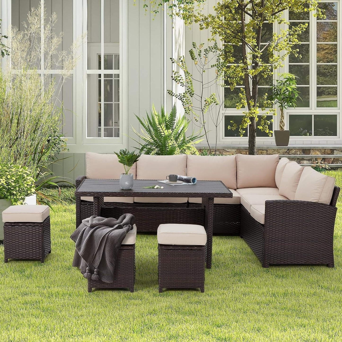 AECOJOY Set di mobili da giardino da 7 pezzi, divano componibile da esterno, set da conversazione in rattan