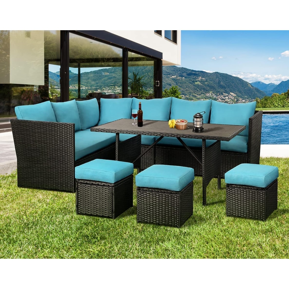 AECOJOY Set di mobili da giardino da 7 pezzi, divano componibile da esterno, set da conversazione in rattan