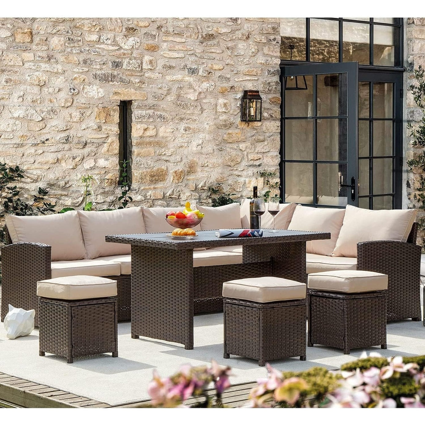 AECOJOY Set di mobili da giardino da 7 pezzi, divano componibile da esterno, set da conversazione in rattan