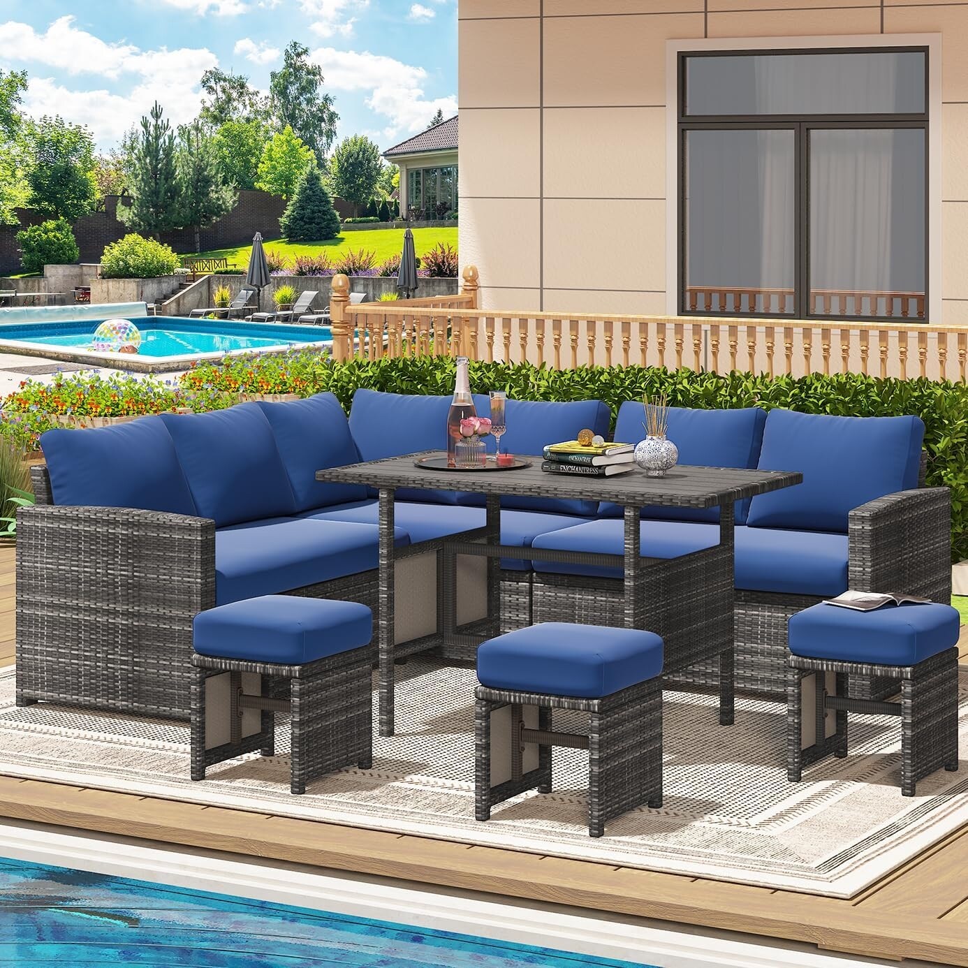 AECOJOY Set di mobili da giardino da 7 pezzi, divano componibile da esterno, set da conversazione in rattan